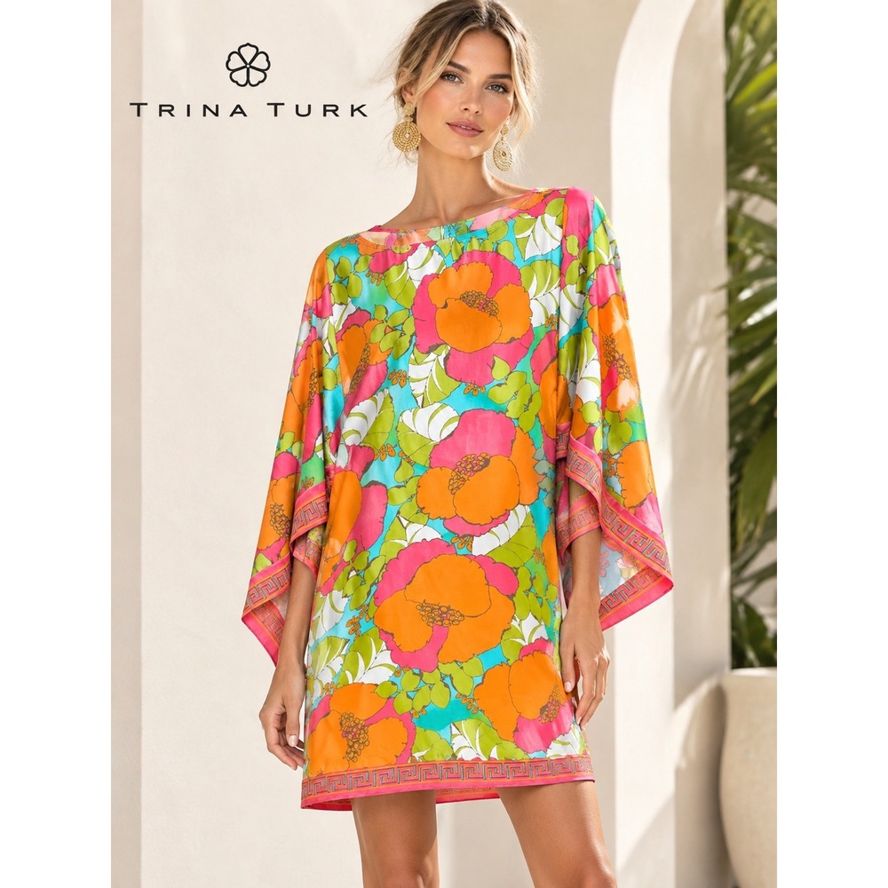 Trina Turk Floral Mini Dress XS Pink Orange Green Boat Neck Kimono Sleeve Retro